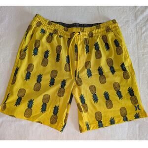 Hurley Swimshorts Mens Size‎ Large Yellow Pineapple Lined Trunks Drawstring